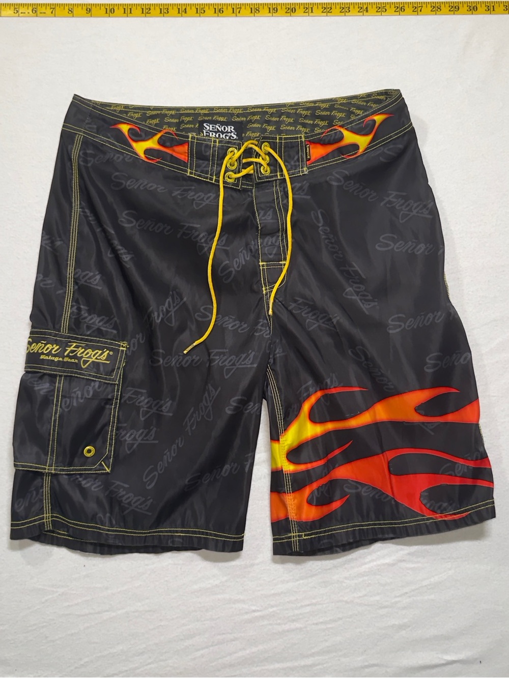 Y2K flame board shorts senor frogs